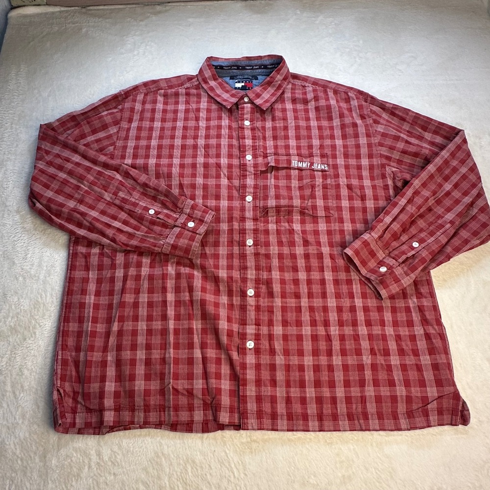 Tommy Jeans Vintage Y2K Red Plaid Long Sleeve Button Down Shirt Mens XXL
